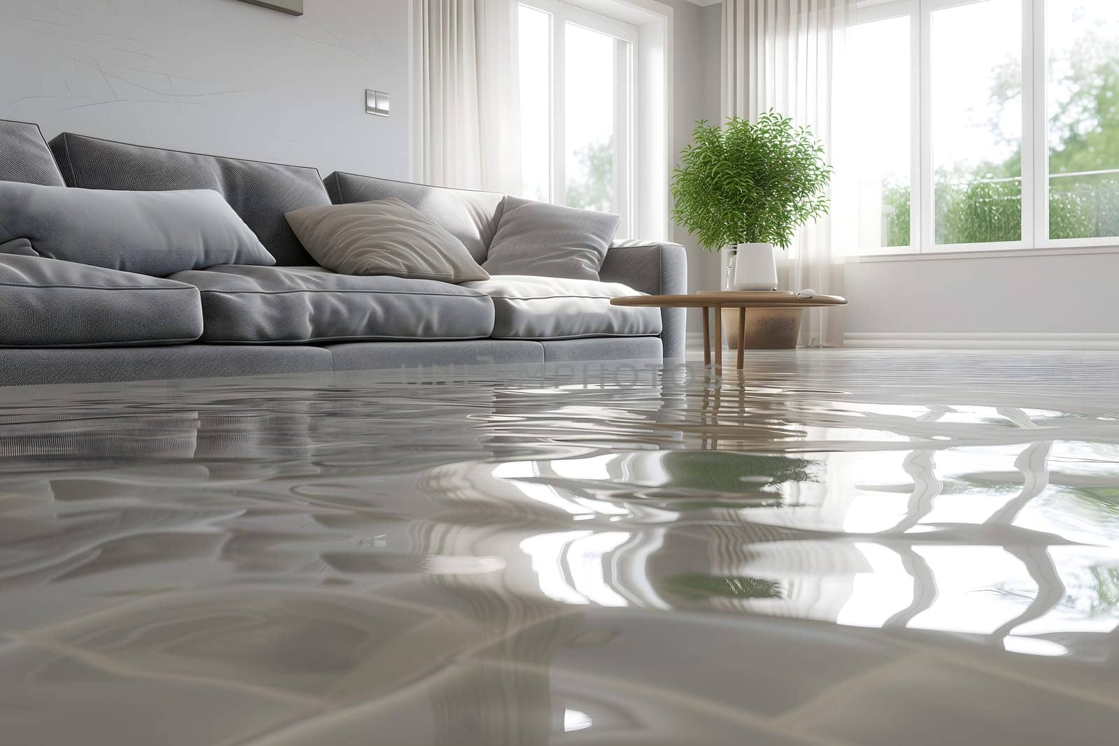 Home Floor Flooded, Showcasing Water Damage And Potential Issues. Neural network generated image. Not based on any actual scene or pattern.