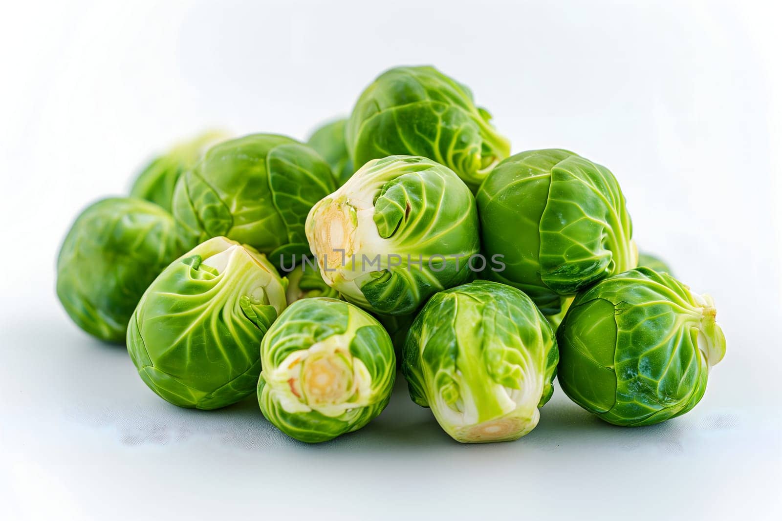 Small heap of brussels sprouts on white background. Neural network generated image. Not based on any actual scene or pattern.
