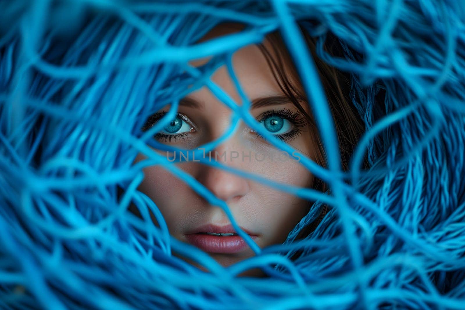 female face tangled up in blue. Neural network generated image. Not based on any actual scene or pattern.
