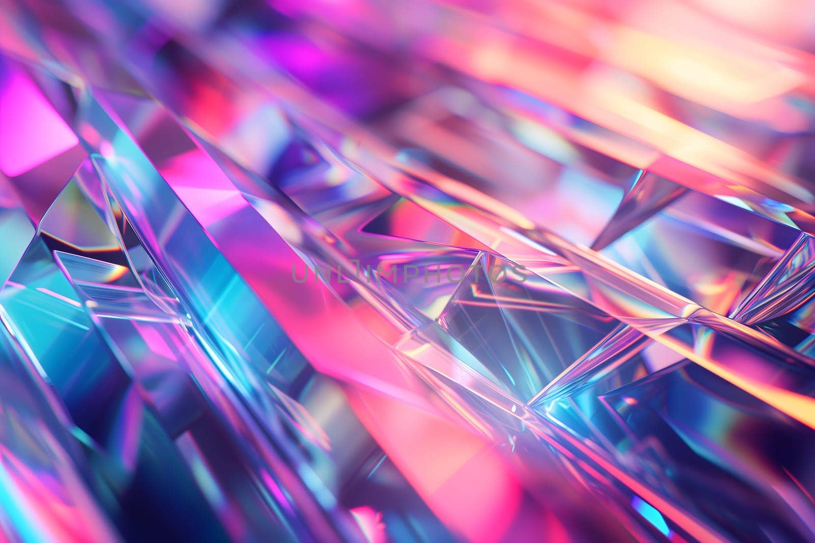Abstract background of glass crystals with bright pastel colorful light. Neural network generated in January 2024. Not based on any actual scene or pattern.