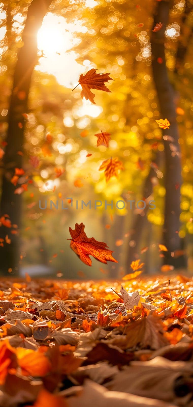 Beautiful autumn view with colorful foliage in the park. Falling leaves background with copy space and selective focus. Neural network generated in January 2024. Not based on any actual scene or pattern.