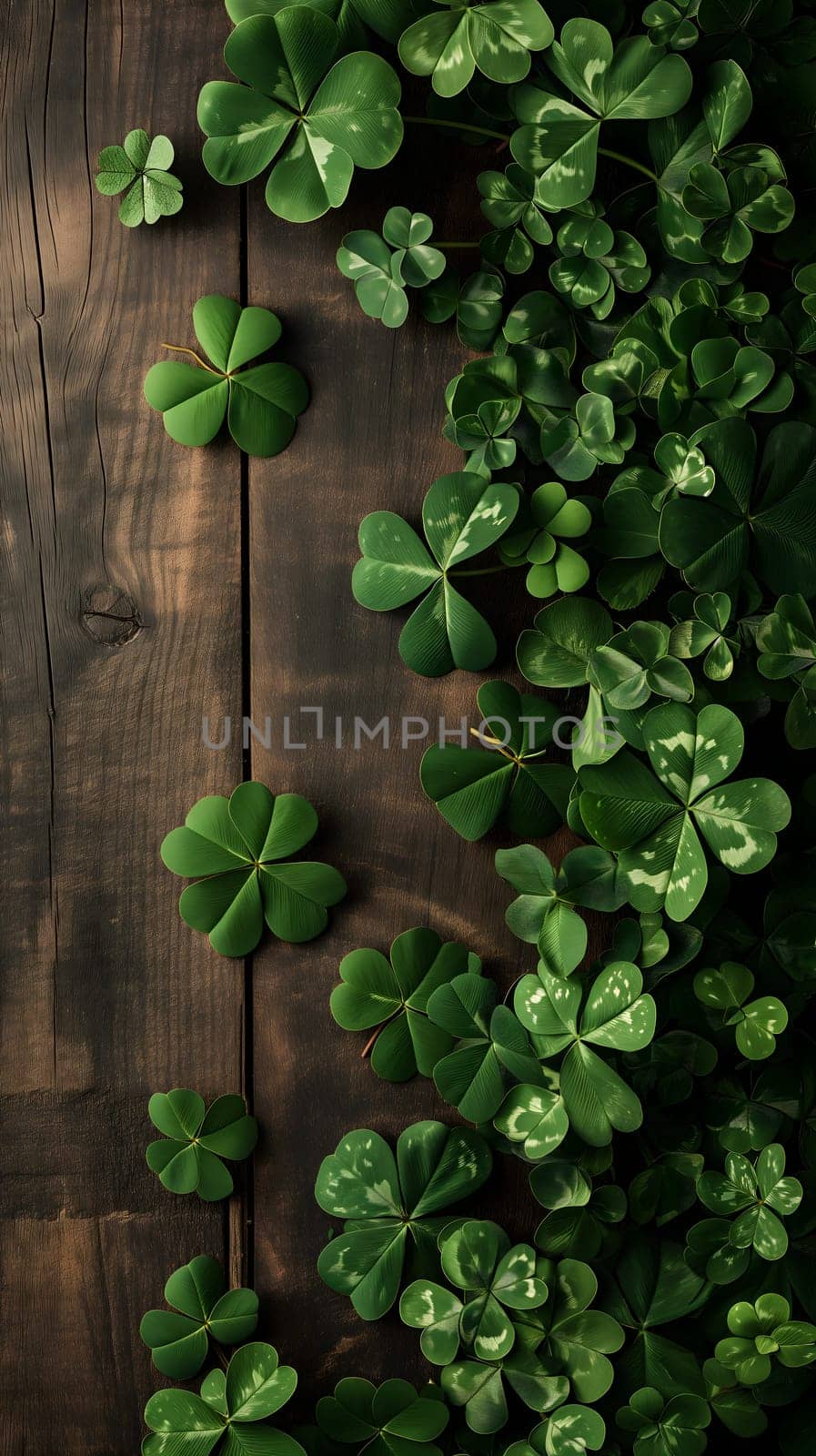 brown wooden planks board with clover - background for St. Patricks day. Neural network generated image. Not based on any actual scene or pattern.