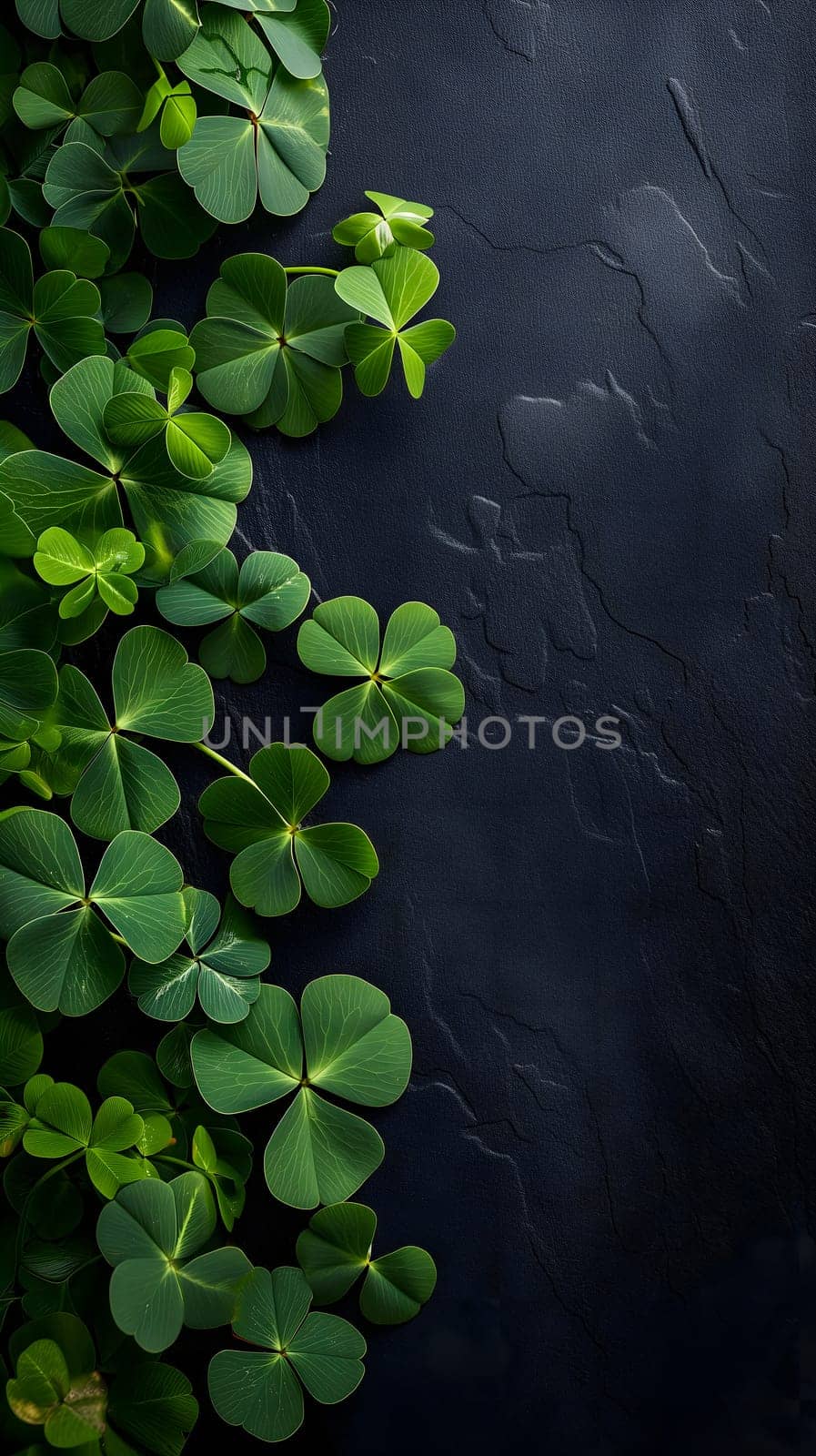 Clover with black background for St. Patricks day. Neural network generated image. Not based on any actual scene or pattern.