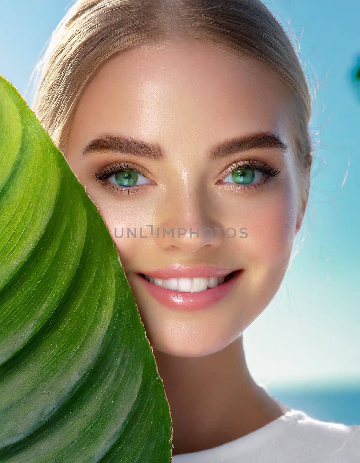 Beauty Spa Woman with a Fresh Leaf over Face