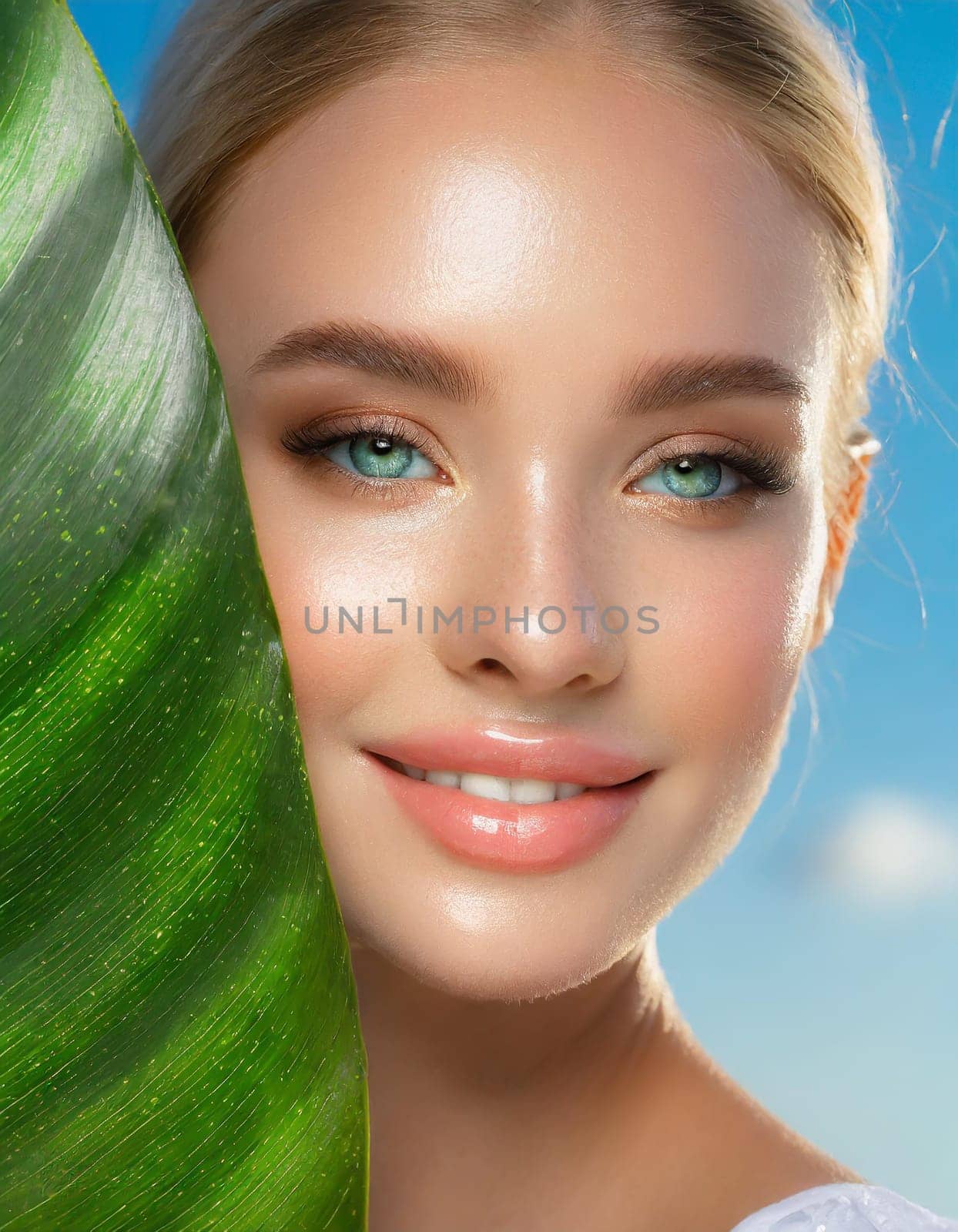 Beauty Spa Woman with a Fresh Leaf over Face