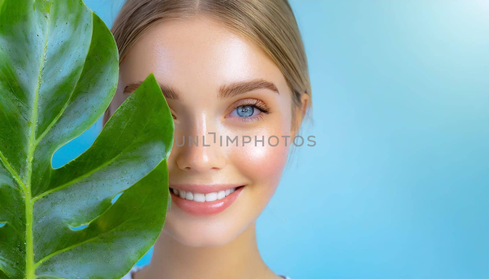 Beauty Spa Woman with a Fresh Leaf over Face