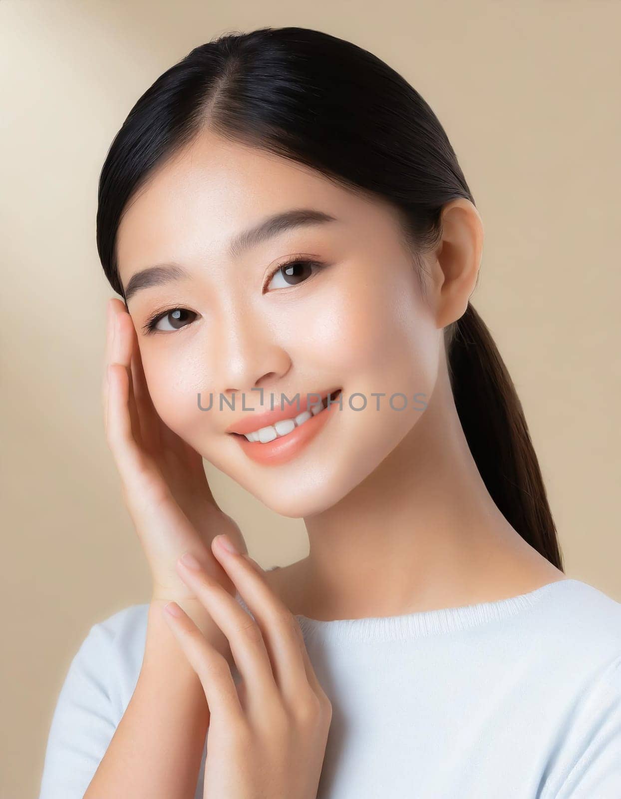 Skin care. Woman with beauty face touching healthy facial skin portrait. Beautiful smiling asian girl model with natural makeup touching glowing hydrated skin on blue background closeup