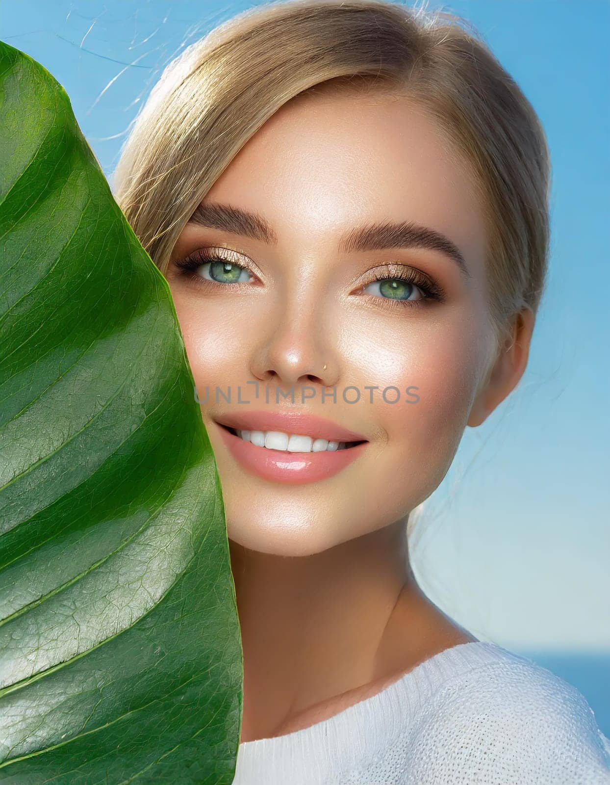 Beauty Spa Woman with a Fresh Leaf over Face