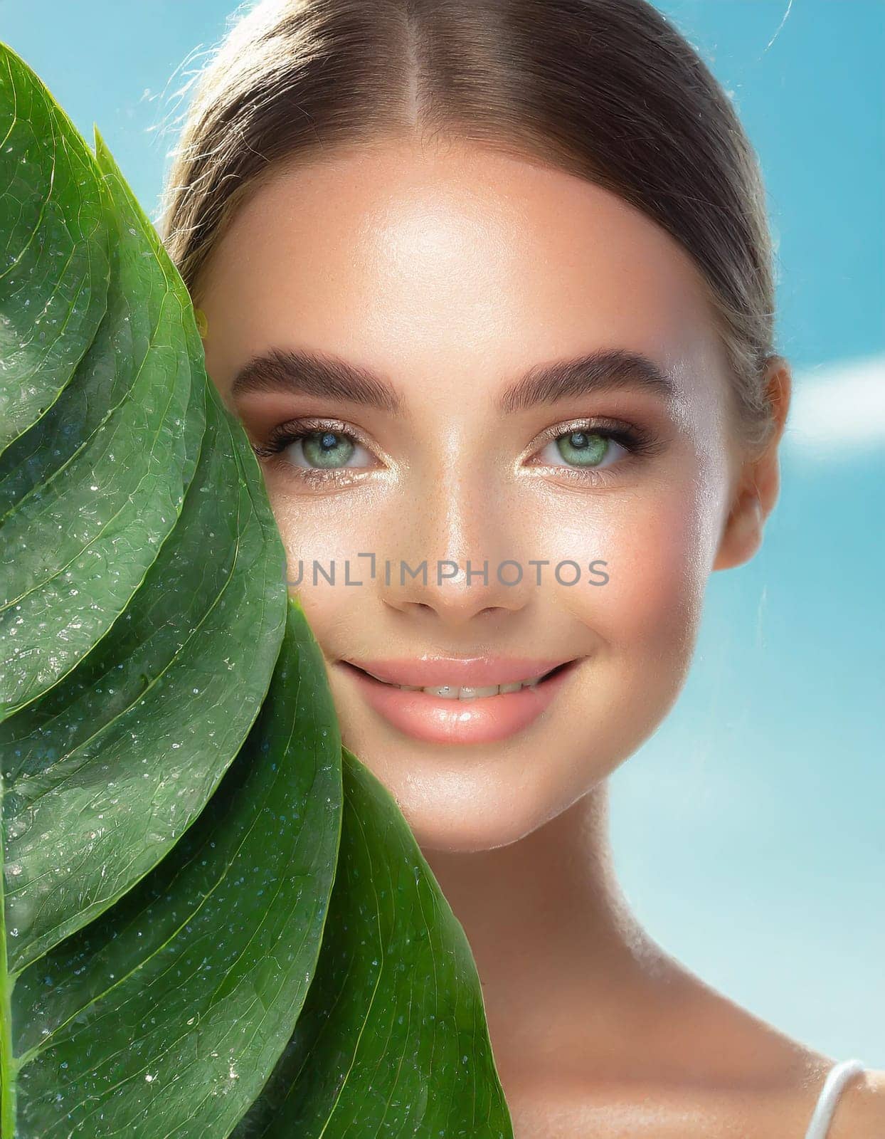 Beauty Spa Woman with a Fresh Leaf over Face