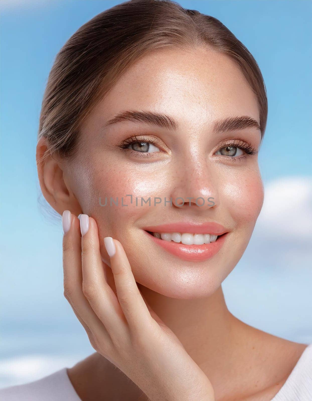 Skin care. Woman with beauty face touching healthy facial skin portrait. Beautiful smiling asian girl model with natural makeup touching glowing hydrated skin on blue background closeup