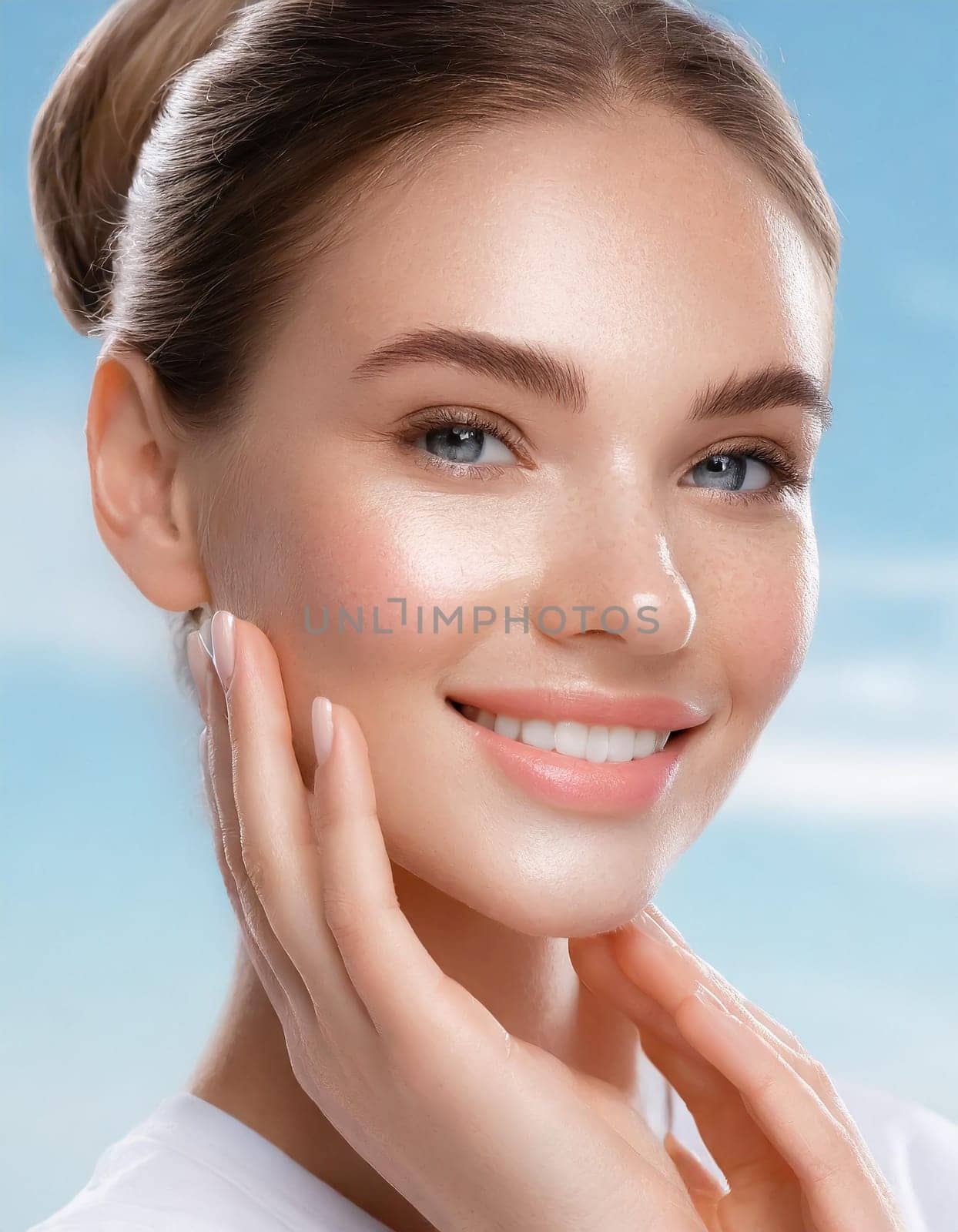 Skin care. Woman with beauty face touching healthy facial skin portrait. Beautiful smiling asian girl model with natural makeup touching glowing hydrated skin on blue background closeup