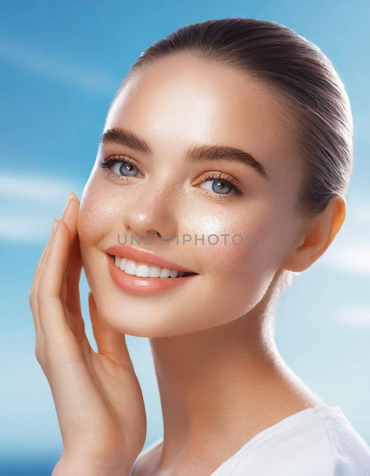 Skin care. Woman with beauty face touching healthy facial skin portrait. Beautiful smiling asian girl model with natural makeup touching glowing hydrated skin on blue background closeup