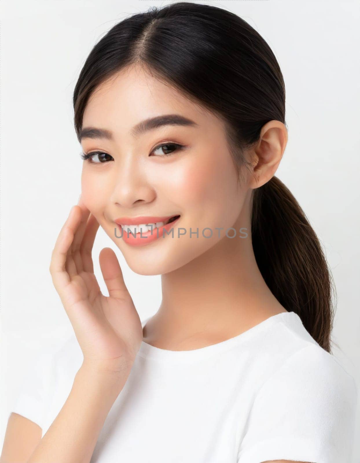 Skin care. Woman with beauty face touching healthy facial skin portrait. Beautiful smiling asian girl model with natural makeup touching glowing hydrated skin on blue background closeup