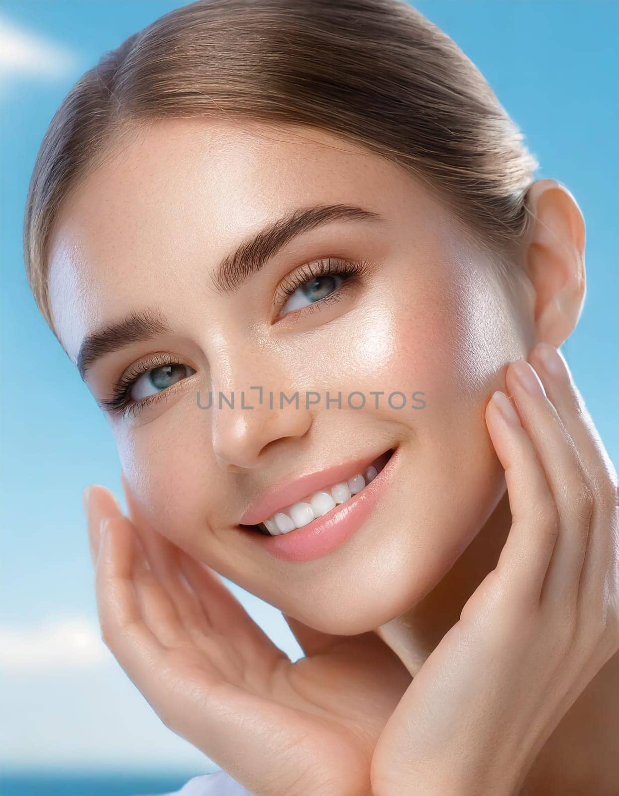 Skin care. Woman with beauty face touching healthy facial skin portrait. Beautiful smiling asian girl model with natural makeup touching glowing hydrated skin on blue background closeup