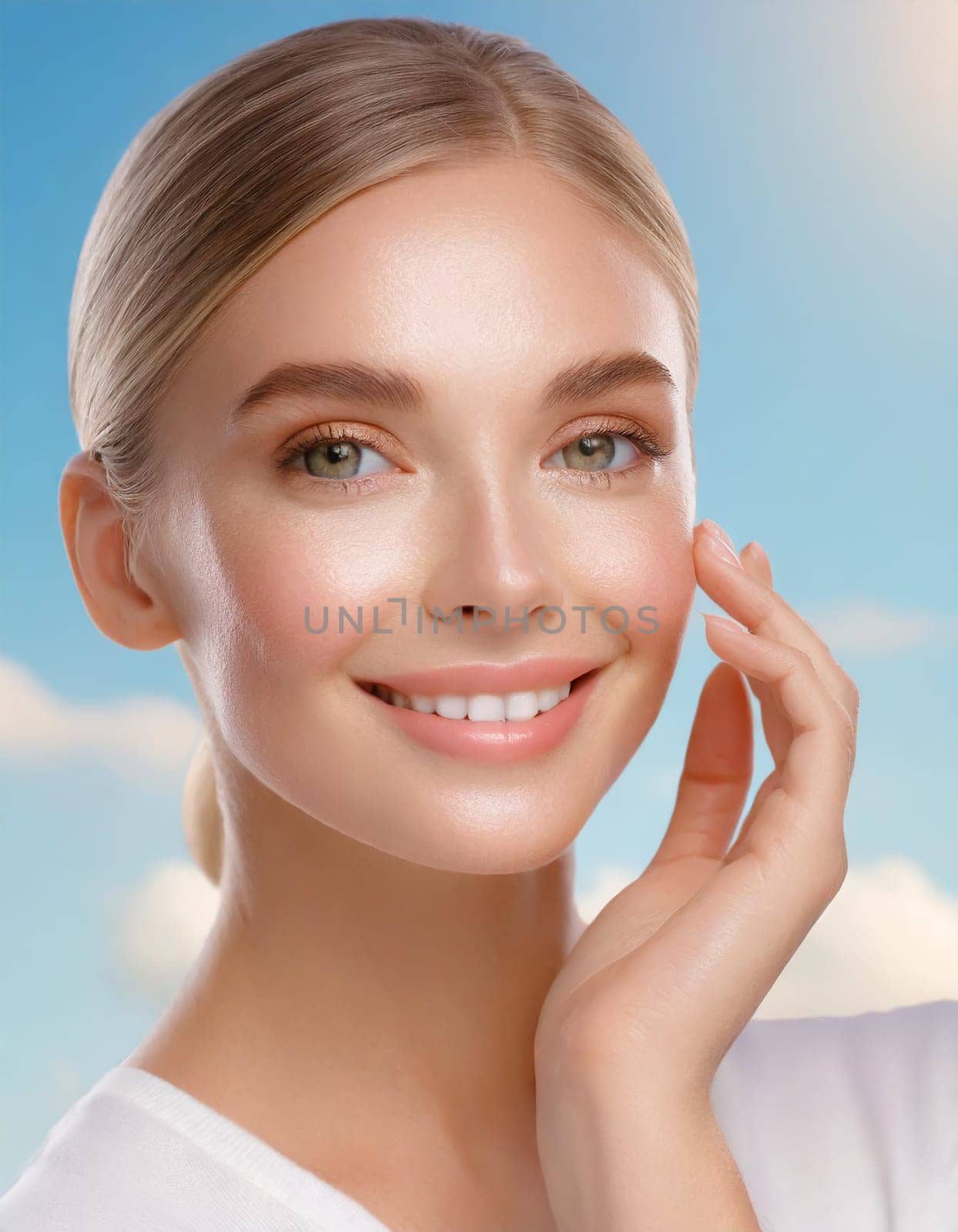 Skin care. Woman with beauty face touching healthy facial skin portrait. Beautiful smiling asian girl model with natural makeup touching glowing hydrated skin on blue background closeup