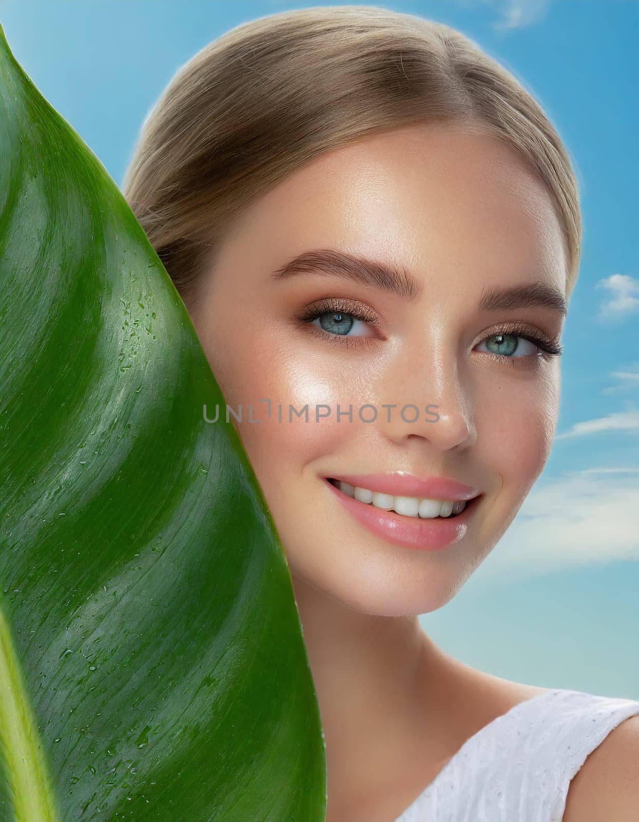 Portrait of young beautiful woman with healthy glow perfect smooth skin holds green tropical leaf, look into the hole of colored pink paper. Model with natural nude make up. Fashion, beauty, skincare