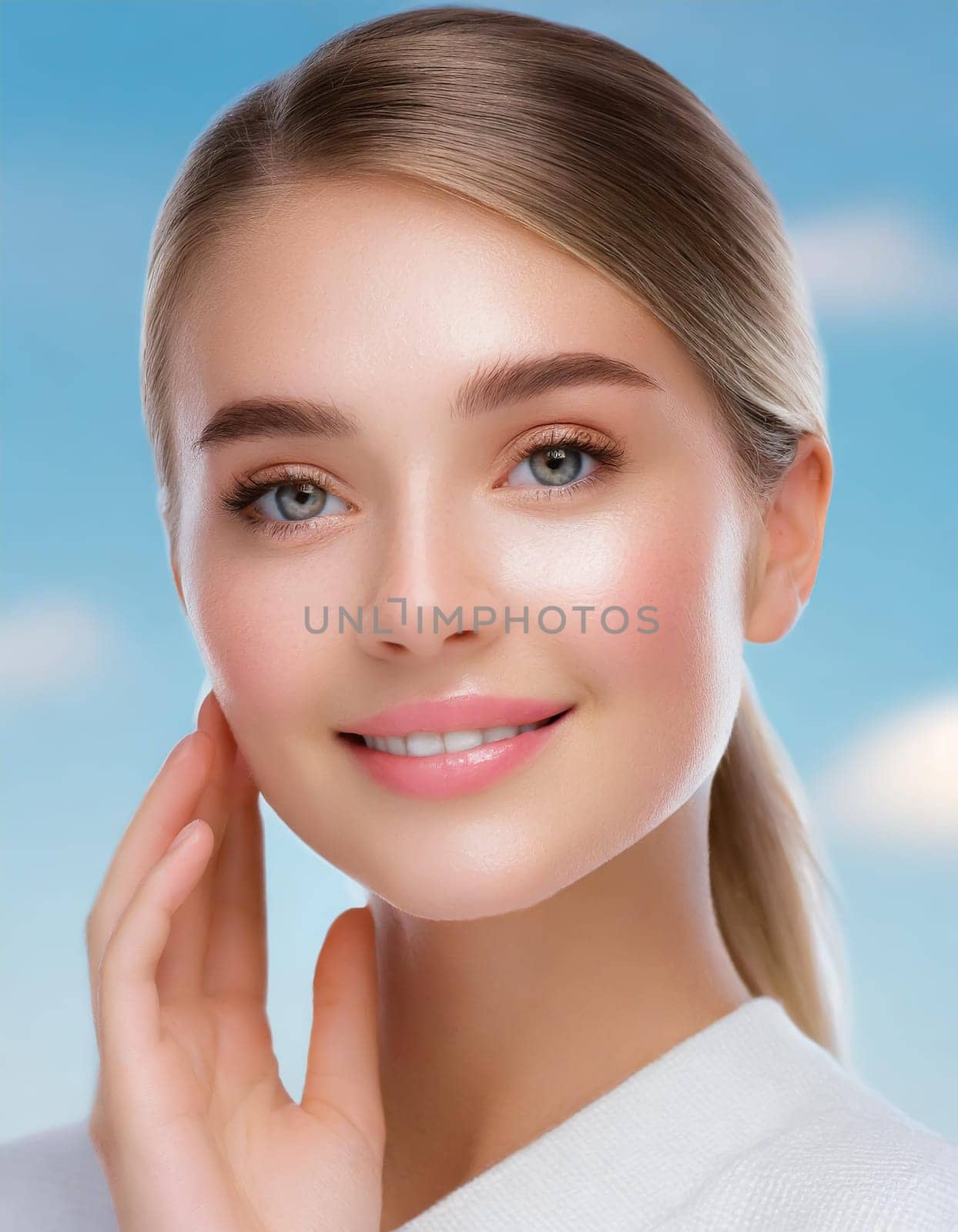Skin care. Woman with beauty face touching healthy facial skin portrait. Beautiful smiling asian girl model with natural makeup touching glowing hydrated skin on blue background closeup