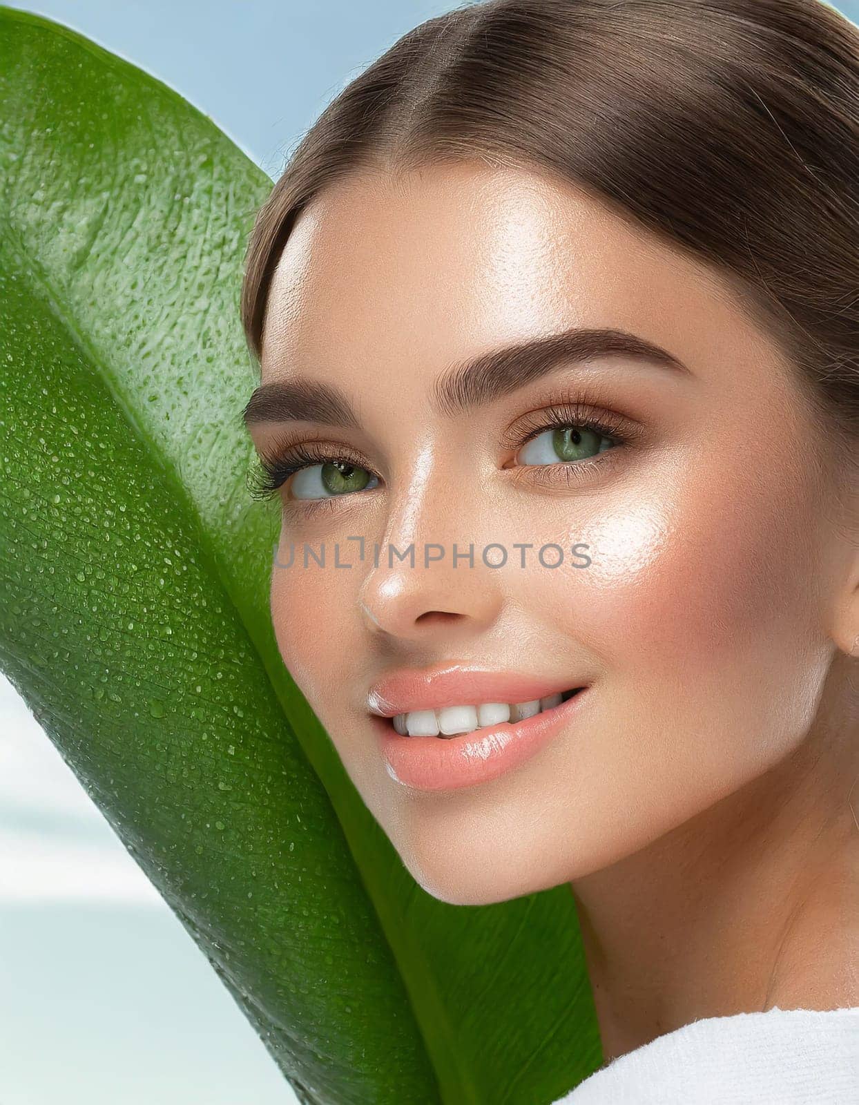 Portrait of young beautiful woman with healthy glow perfect smooth skin holds green tropical leaf, look into the hole of colored pink paper. Model with natural nude make up. Fashion, beauty, skincare