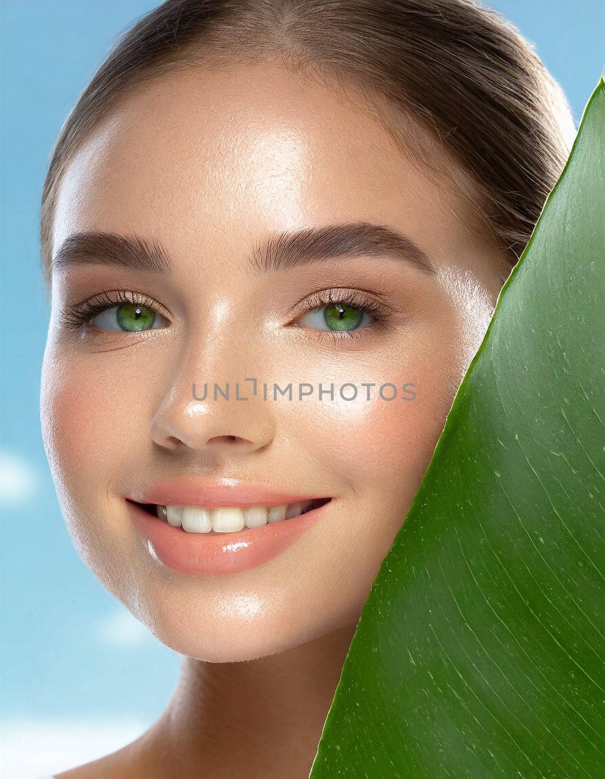 Portrait of young beautiful woman with healthy glow perfect smooth skin holds green tropical leaf, look into the hole of colored pink paper. Model with natural nude make up. Fashion, beauty, skincare