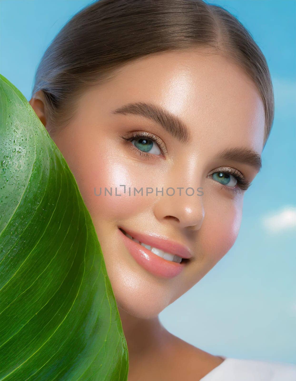 Portrait of young beautiful woman with healthy glow perfect smooth skin holds green tropical leaf, look into the hole of colored pink paper. Model with natural nude make up. Fashion, beauty, skincare