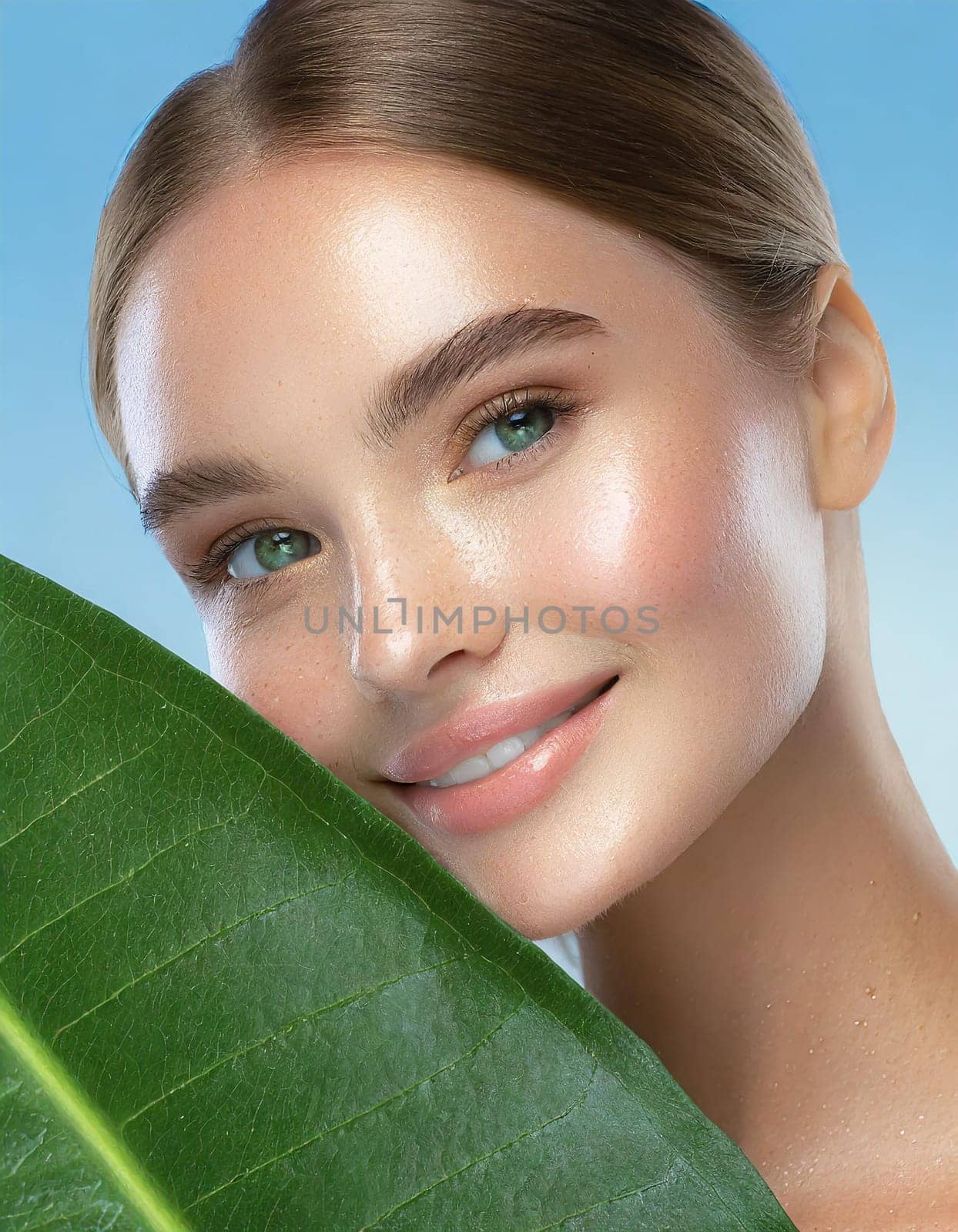 Portrait of young beautiful woman with healthy glow perfect smooth skin holds green tropical leaf, look into the hole of colored pink paper. Model with natural nude make up. Fashion, beauty, skincare