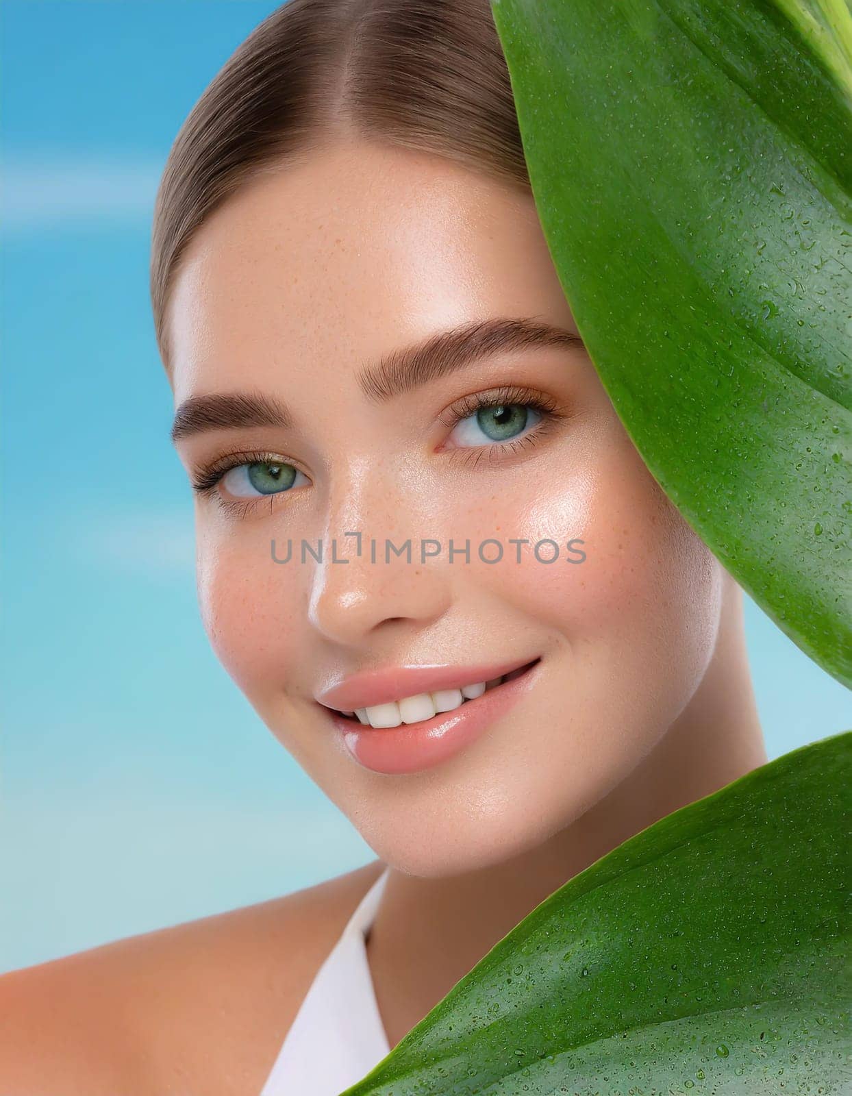 Portrait of young beautiful woman with healthy glow perfect smooth skin holds green tropical leaf, look into the hole of colored pink paper. Model with natural nude make up. Fashion, beauty, skincare