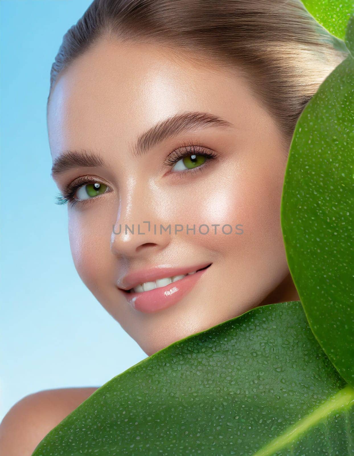 Portrait of young beautiful woman with healthy glow perfect smooth skin holds green tropical leaf, look into the hole of colored pink paper. Model with natural nude make up. Fashion, beauty, skincare