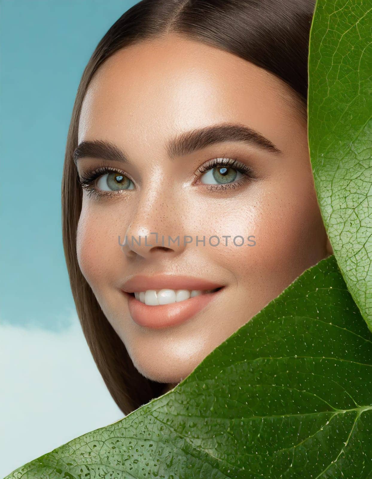 Portrait of young beautiful woman with healthy glow perfect smooth skin holds green tropical leaf, look into the hole of colored pink paper. Model with natural nude make up. Fashion, beauty, skincare