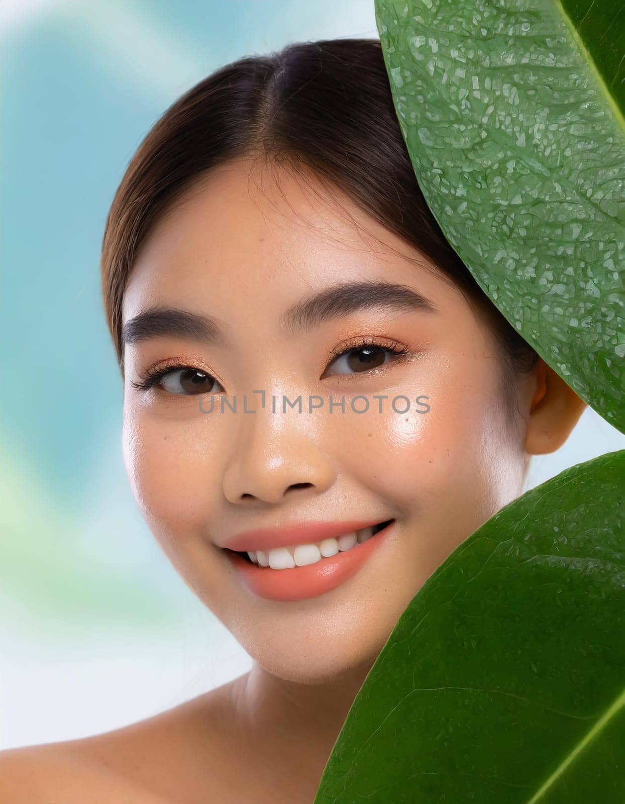 Gorgeous Asian young woman with a fresh leaf to her face