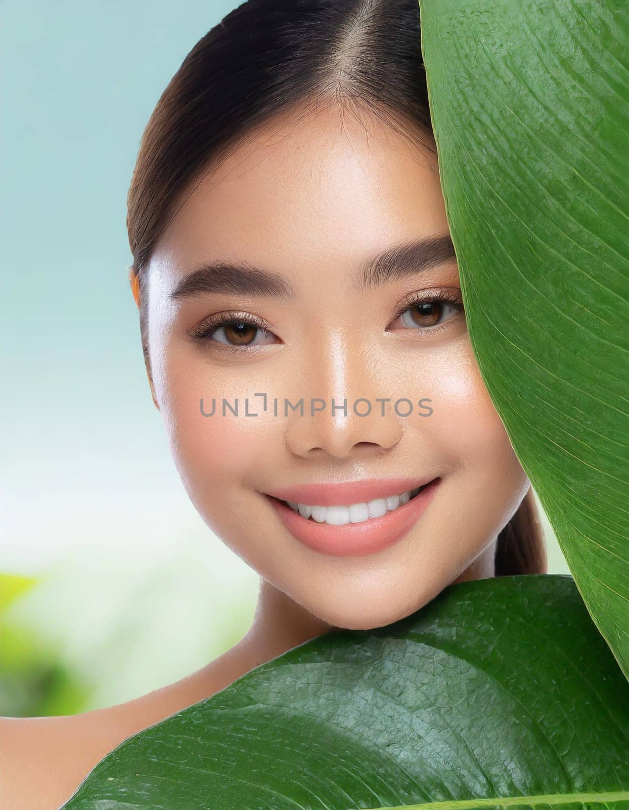 Gorgeous Asian young woman with a fresh leaf to her face