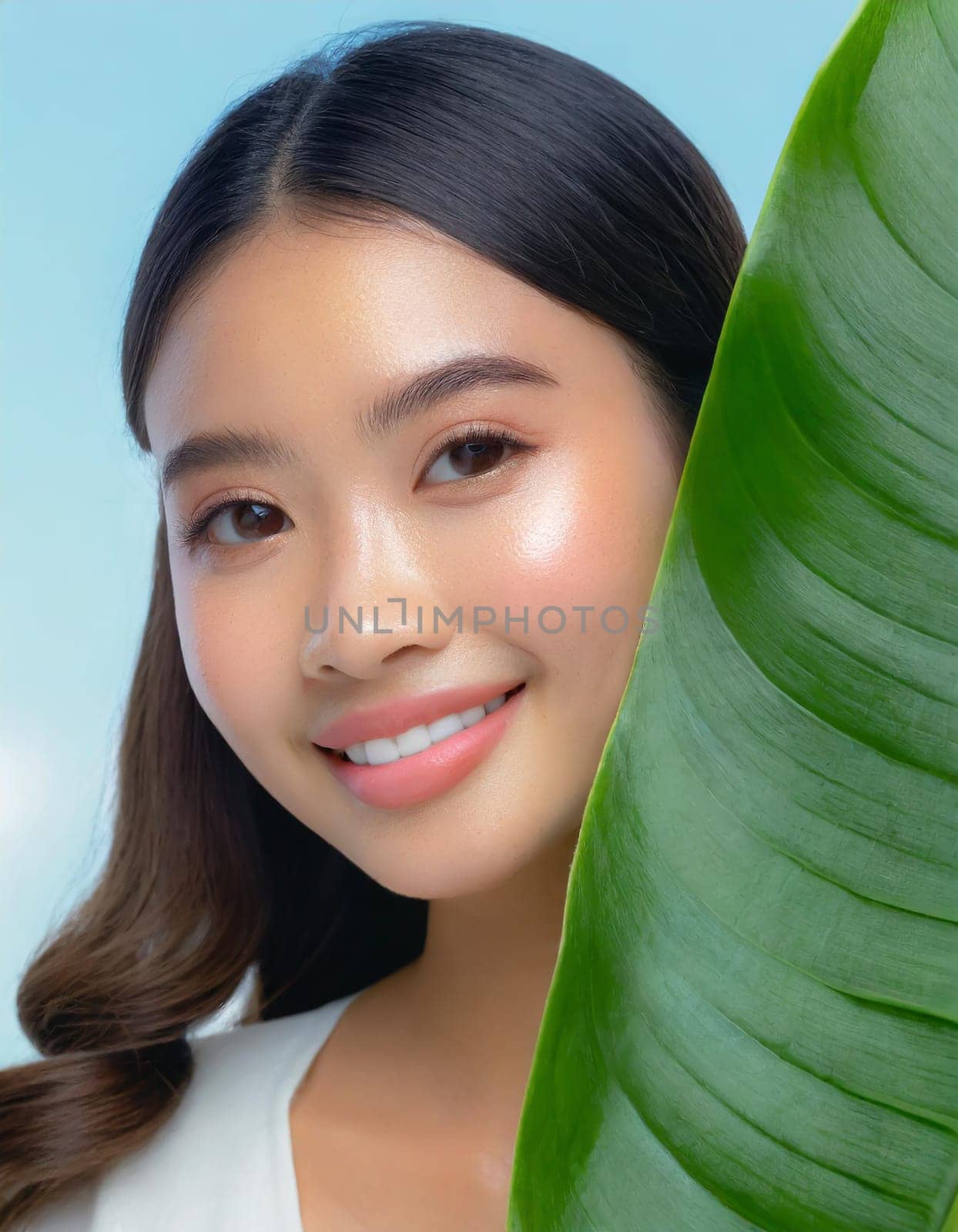 Gorgeous Asian young woman with a fresh leaf to her face