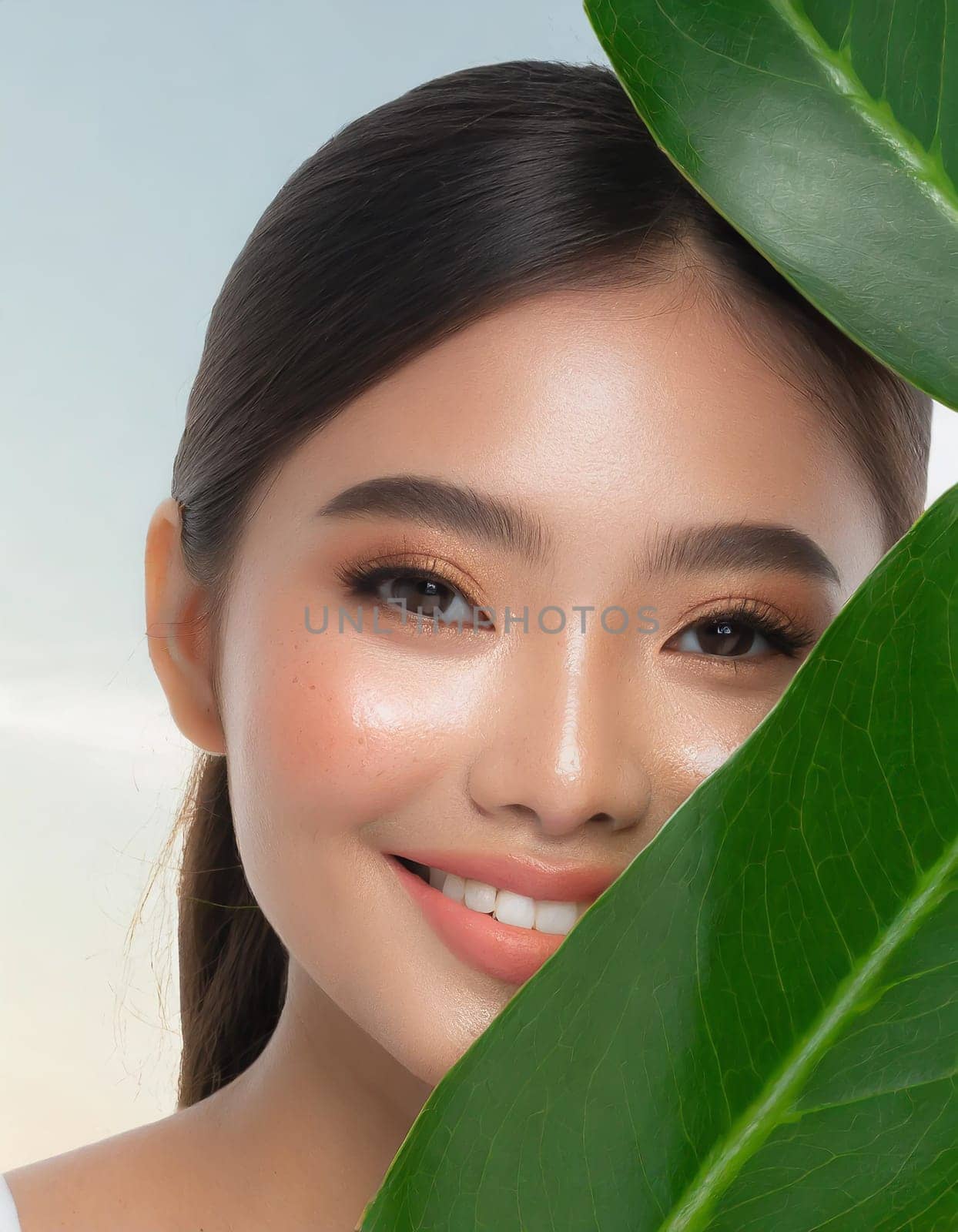 Gorgeous Asian young woman with a fresh leaf to her face