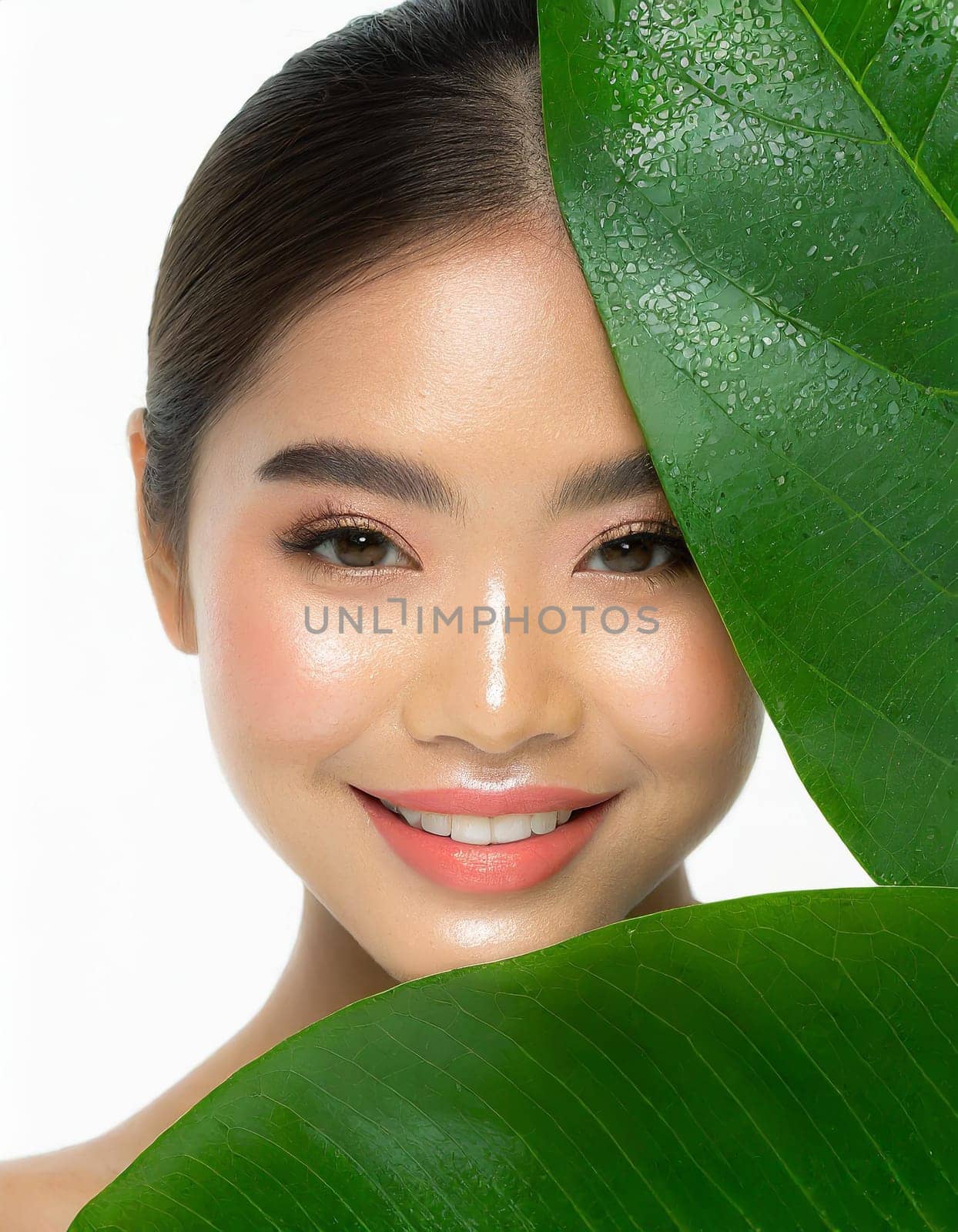 Gorgeous Asian young woman with a fresh leaf to her face