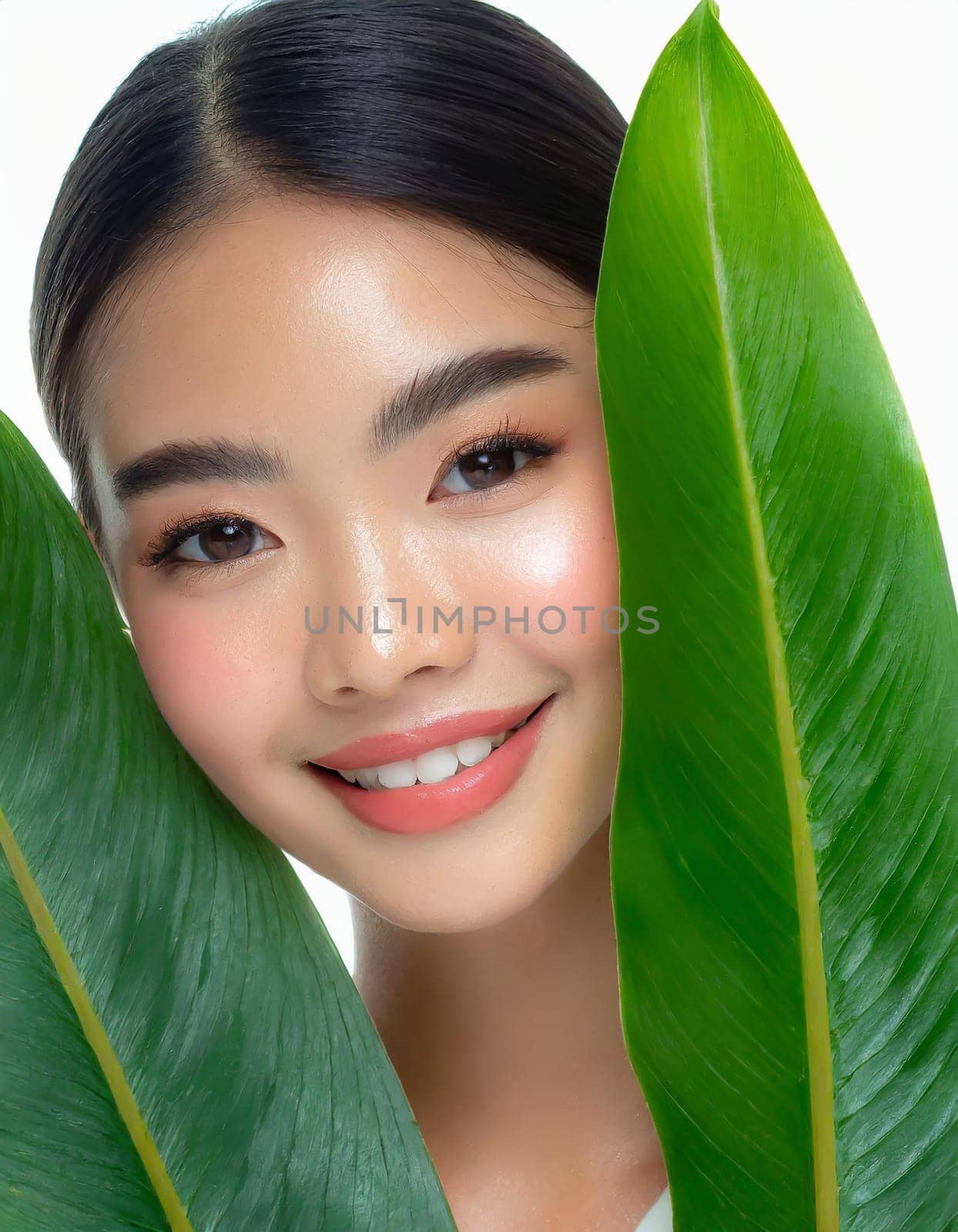 Gorgeous Asian young woman with a fresh leaf to her face
