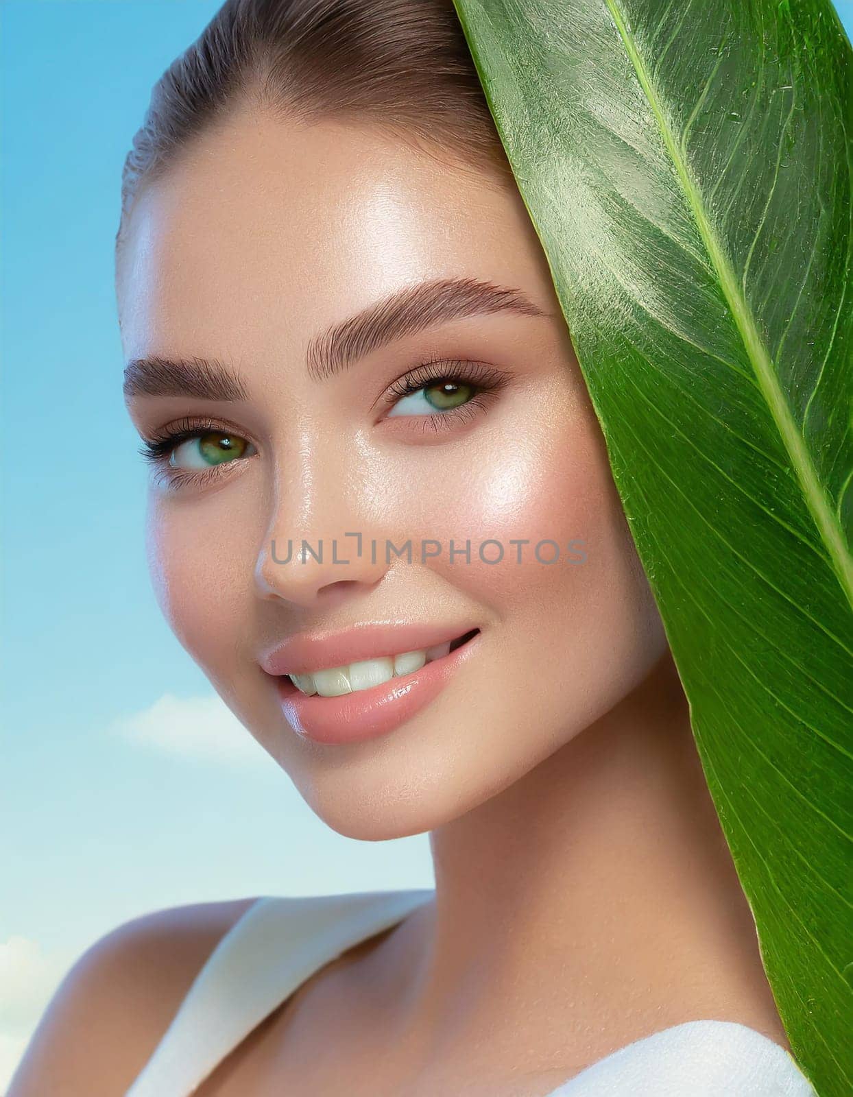 Portrait of young beautiful woman with healthy glow perfect smooth skin holds green tropical leaf, look into the hole of colored pink paper. Model with natural nude make up. Fashion, beauty, skincare