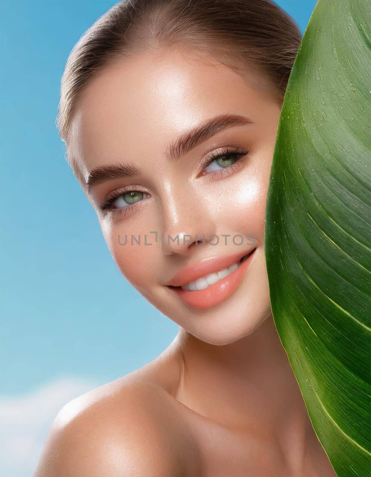 Portrait of young beautiful woman with healthy glow perfect smooth skin holds green tropical leaf, look into the hole of colored pink paper. Model with natural nude make up. Fashion, beauty, skincare