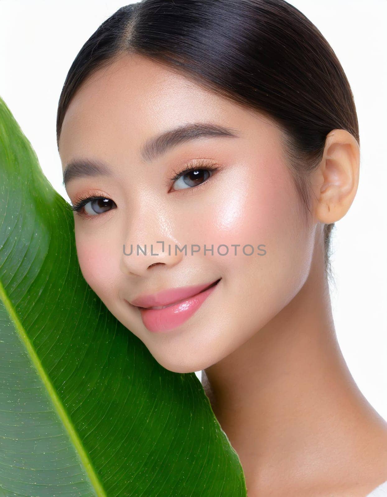Gorgeous Asian young woman with a fresh leaf to her face
