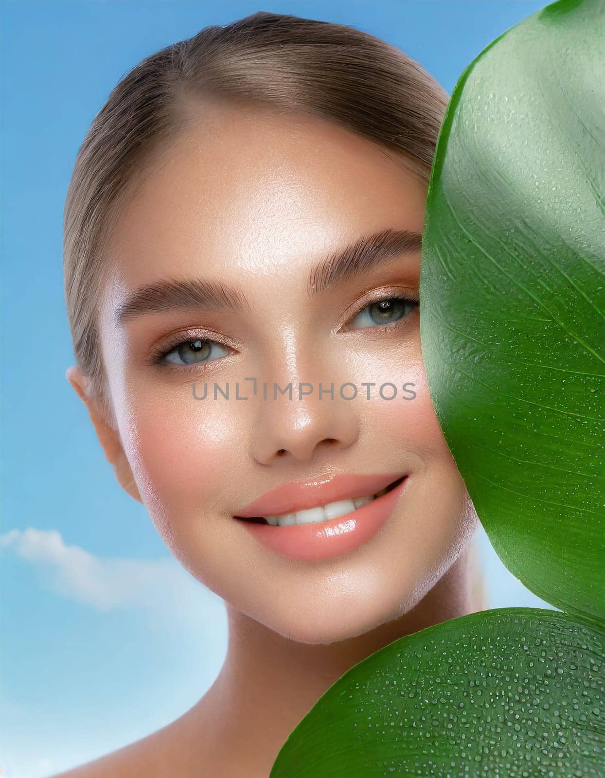 Portrait of young beautiful woman with healthy glow perfect smooth skin holds green tropical leaf, look into the hole of colored pink paper. Model with natural nude make up. Fashion, beauty, skincare