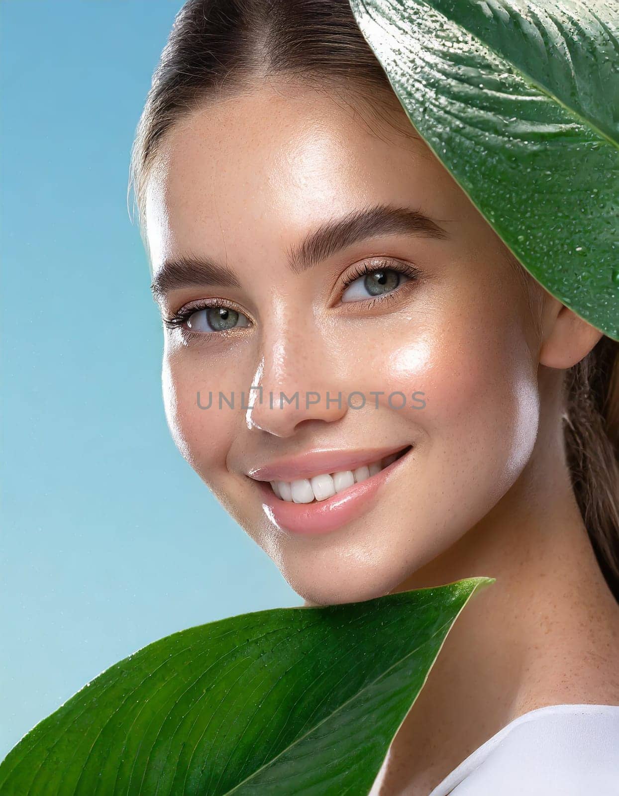 Portrait of young beautiful woman with healthy glow perfect smooth skin holds green tropical leaf, look into the hole of colored pink paper. Model with natural nude make up. Fashion, beauty, skincare