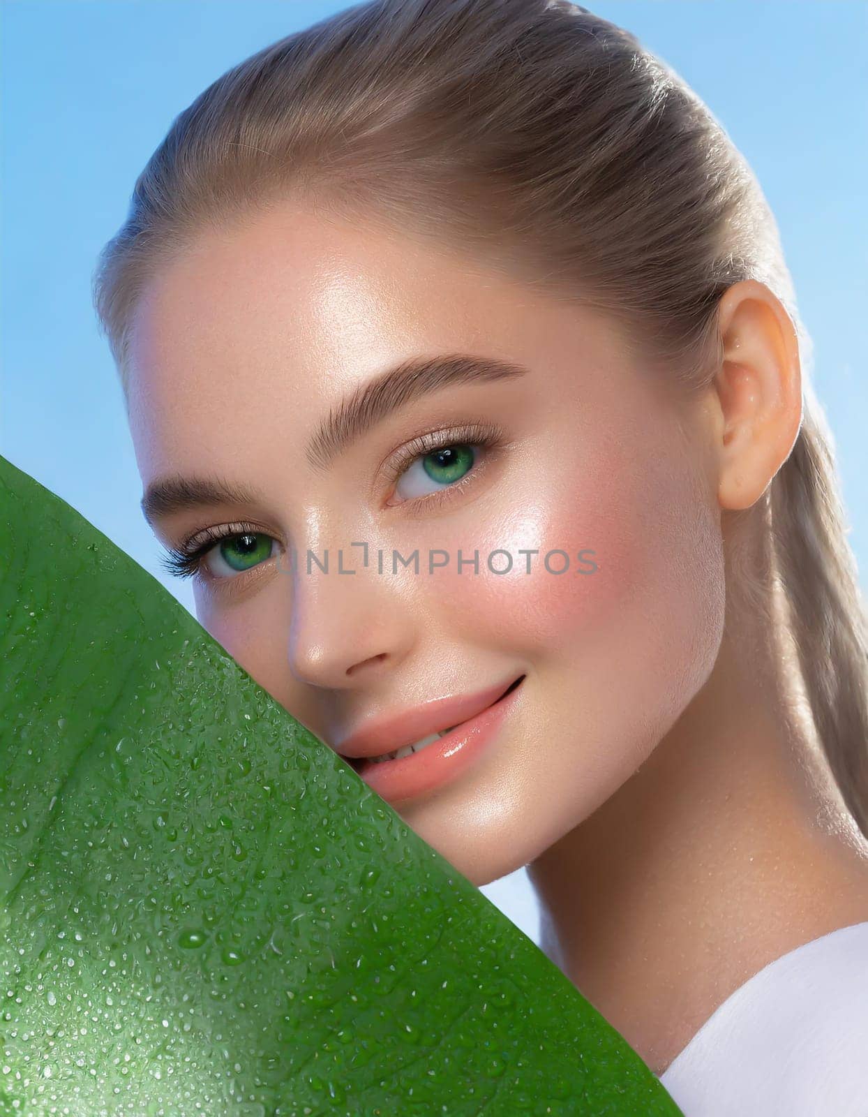 Portrait of young beautiful woman with healthy glow perfect smooth skin holds green tropical leaf, look into the hole of colored pink paper. Model with natural nude make up. Fashion, beauty, skincare
