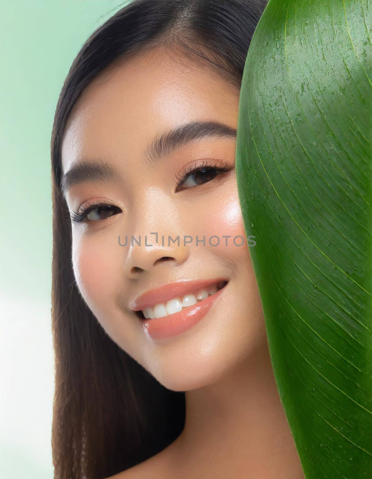 Gorgeous Asian young woman with a fresh leaf to her face