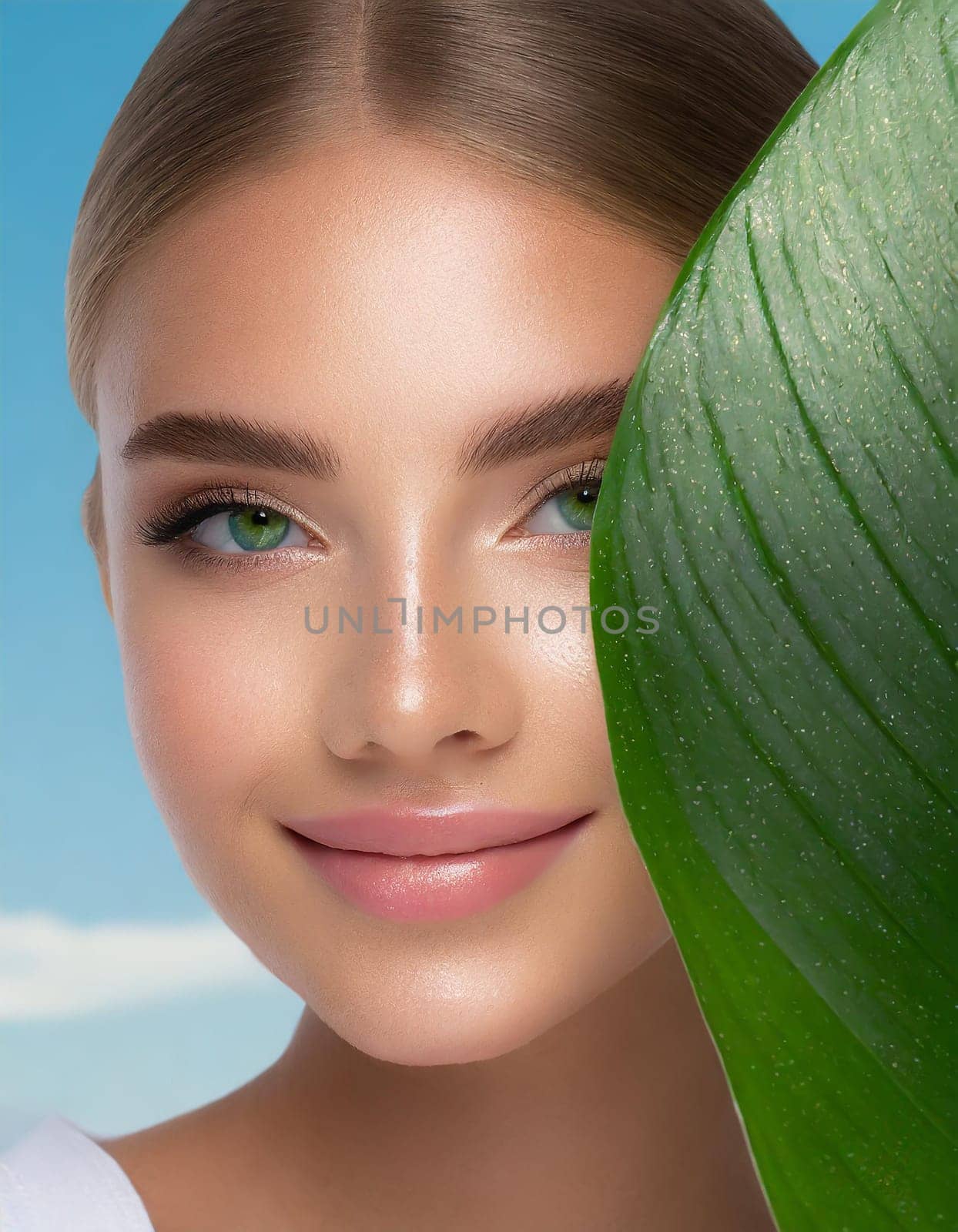 Portrait of young beautiful woman with healthy glow perfect smooth skin holds green tropical leaf, look into the hole of colored pink paper. Model with natural nude make up. Fashion, beauty, skincare