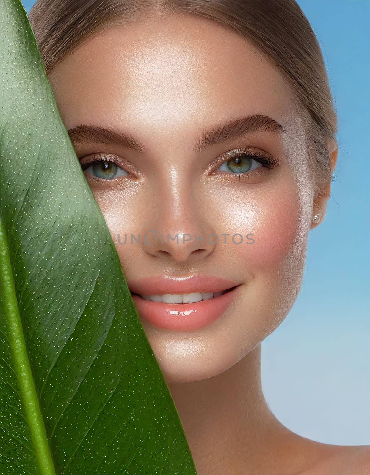 Portrait of young beautiful woman with healthy glow perfect smooth skin holds green tropical leaf, look into the hole of colored pink paper. Model with natural nude make up. Fashion, beauty, skincare