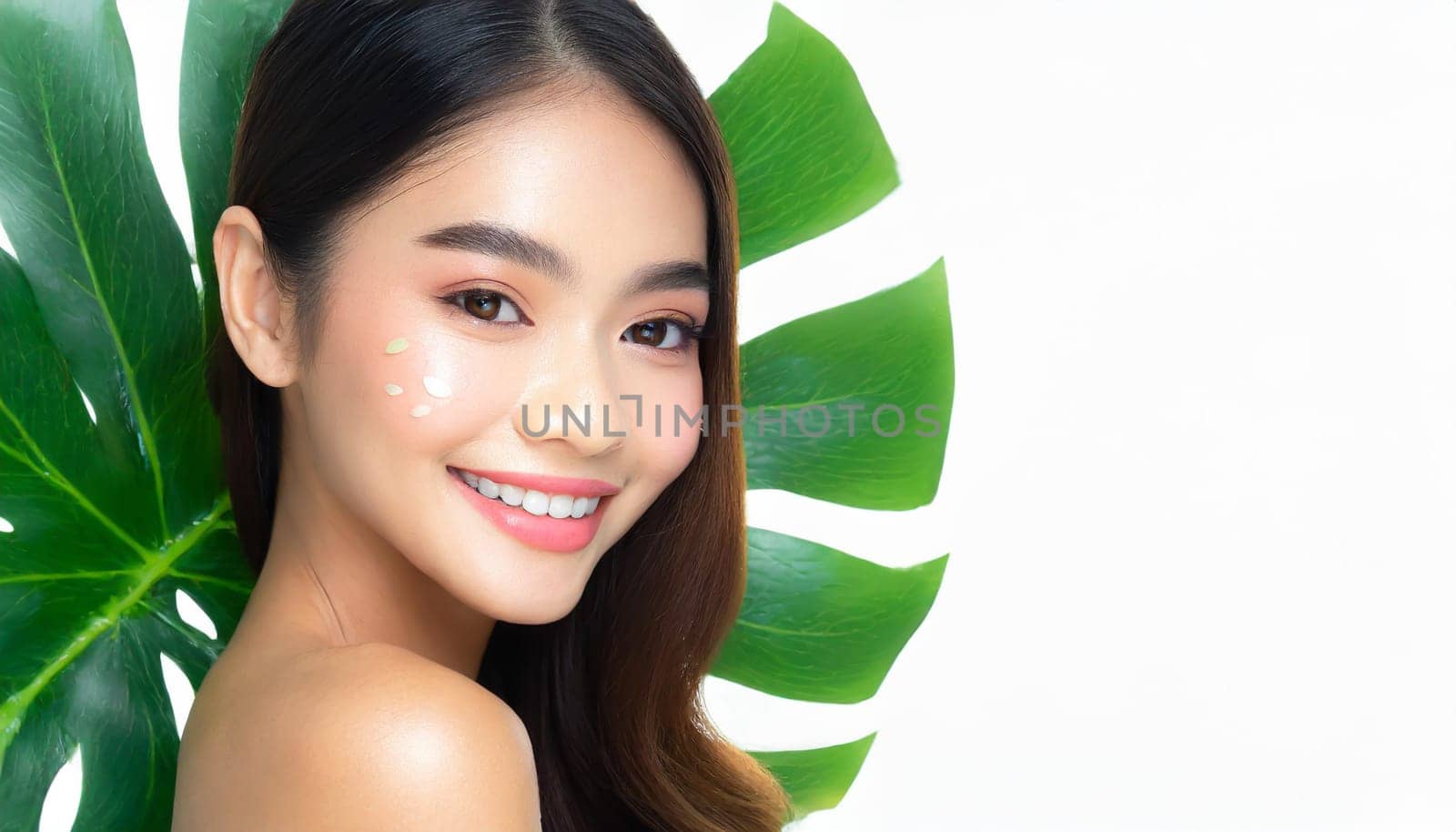 Portrait of young beautiful woman with healthy glow perfect smooth skin holds green tropical leaf. Model with natural nude make up. Gray background.