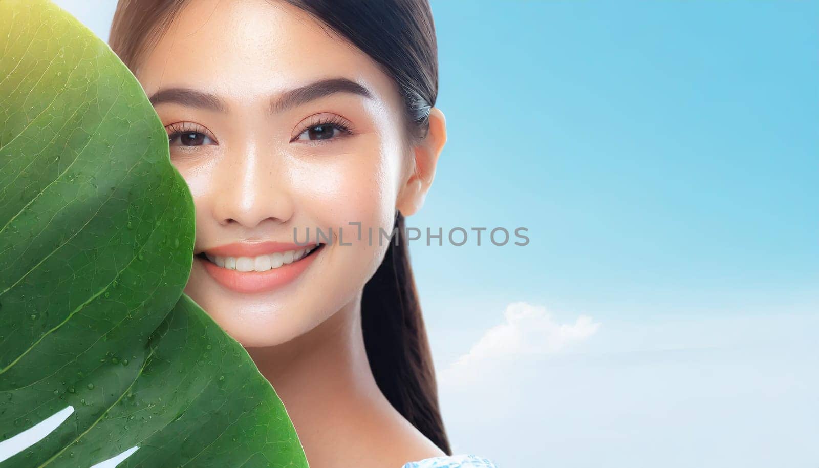 Portrait of young beautiful woman with healthy glow perfect smooth skin holds green tropical leaf. Model with natural nude make up. Gray background.