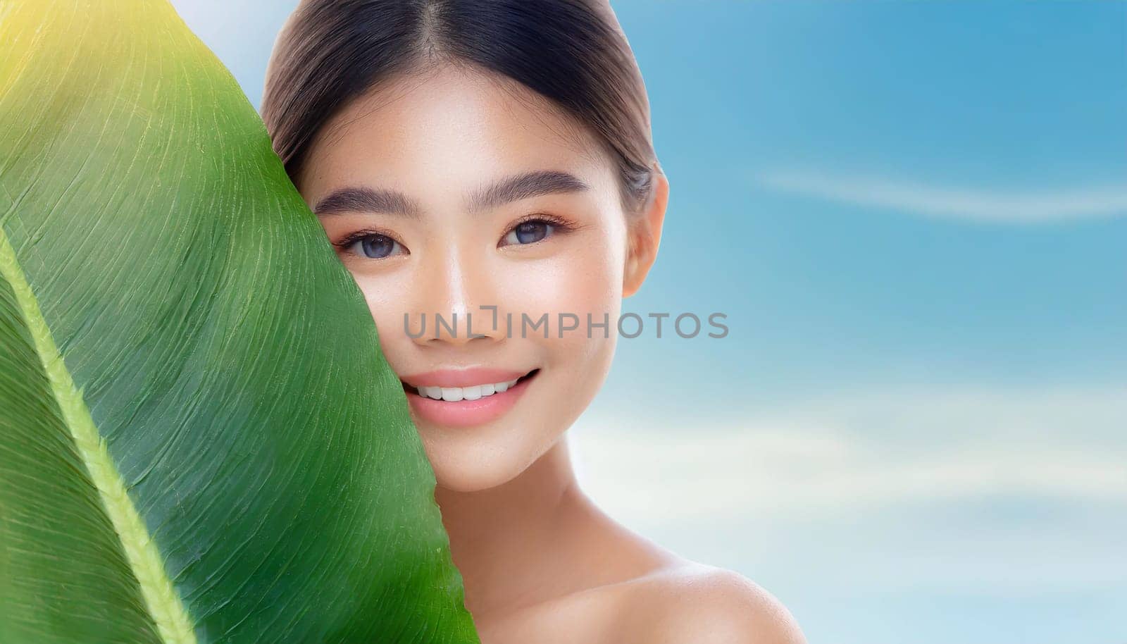 Portrait of young beautiful woman with healthy glow perfect smooth skin holds green tropical leaf. Model with natural nude make up. Gray background.