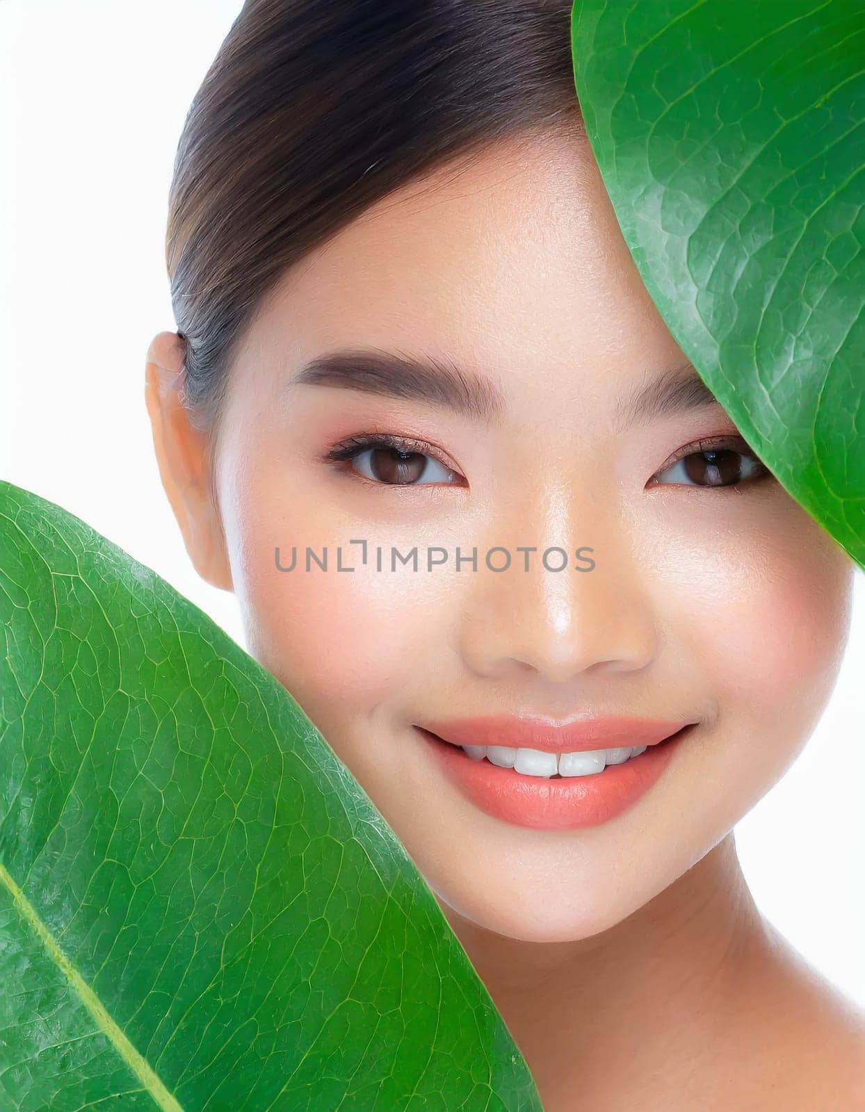 Gorgeous Asian young woman with a fresh leaf to her face