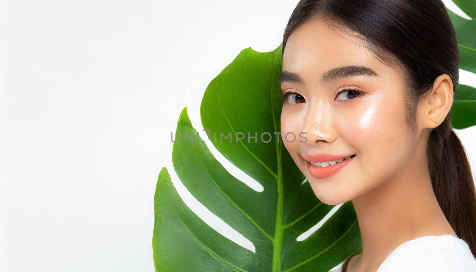 Portrait of young beautiful woman with healthy glow perfect smooth skin holds green tropical leaf. Model with natural nude make up. Gray background.