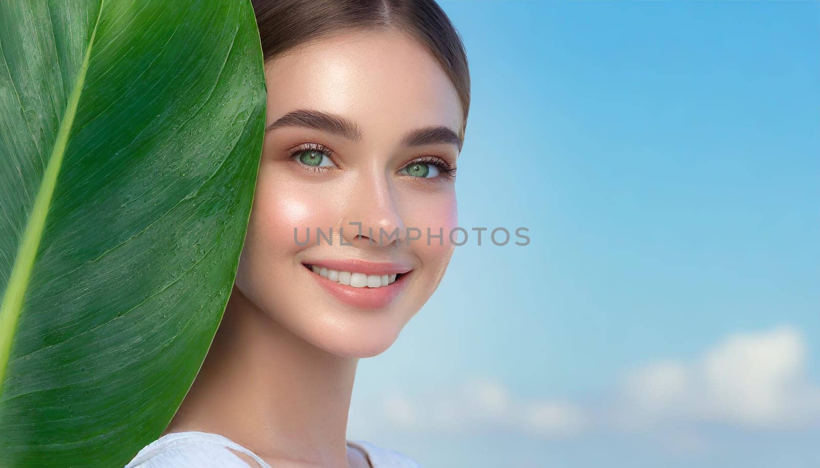 Portrait of young beautiful woman with healthy glow perfect smooth skin holds green tropical leaf. Model with natural nude make up. Gray background.