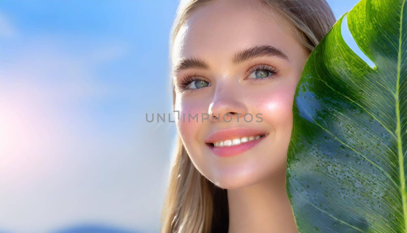 Portrait of young beautiful woman with healthy glow perfect smooth skin holds green tropical leaf. Model with natural nude make up. Gray background.